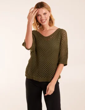 Crochet V Neck Top - ONE / KHAKI - female - Blue Vanilla - FashionsVida