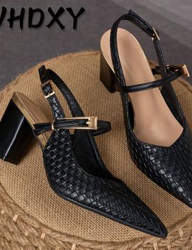 Tacones altos de punta puntiaguda con textura trenzada negra y tacón grueso, zapatos de mujer con diseño de cordones, de moda para uso diario, ofici