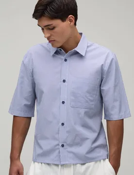 Men's Boxy Crop Half Sleeve Stripe Shirt Navy Size X-Small Navy XS - boohooMAN - FashionsVida