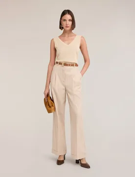 Pantalones de mujer palazzo de mezcla de lino a rayas ajuste ancho talle alto - Motivi - FashionsVida