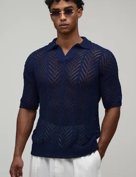 Men's Relaxed Fit Open Stitch Knitted Polo Navy Size Medium Navy M - boohooMAN - FashionsVida