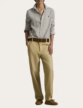 Camicia marrone a righe Polo in lino con logo ricamato sul petto a contrasto - Ralph Lauren - FashionsVida