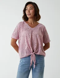 Broderie Batwing Knot Front Top - M / PINK - female