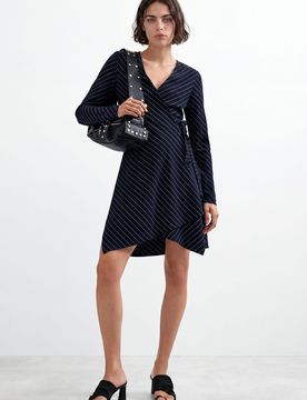 Vestido Escote V Manga Larga, Mujer, Negro, XS