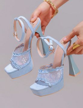 Sandalias de tacón alto azul con encaje bordado, zapatos de fiesta sexy, punta abierta, punta cuadrada, tacón de copa de vino, sandalias de platafor