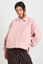 Womens Houndstooth Print Wool Look Bomber Jacket - Pink - Size 14 Uk