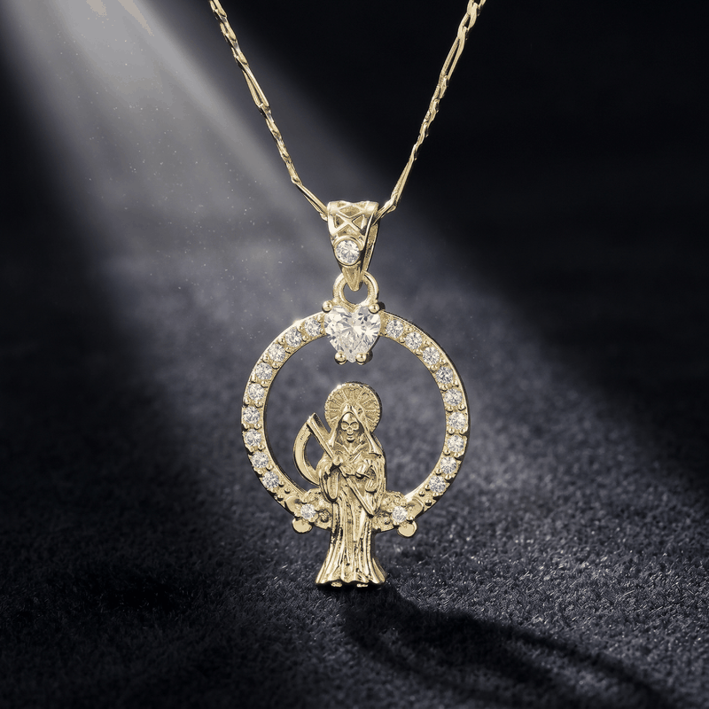 Pieza Colgante de Collar con Halo de Circonita de la Muerte/Segador Recubierto de Oro, Regalo Espiritual Católico Guardián, Unisex, Exorcismo/Protec