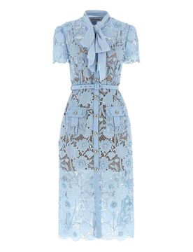 Abito midi 'blu in pizzo con collo annodato'