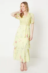 Womens Occasion Floral Lace Bodice Tiered Midi Dress - Yellow - Size 10 Uk