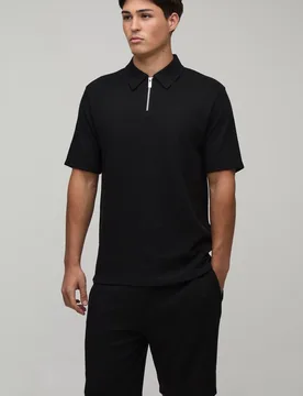 Men's Tall Slim Fit Waffle Zip Neck Polo & Shorts Set Black Size X-Large Black XL - boohooMAN - FashionsVida