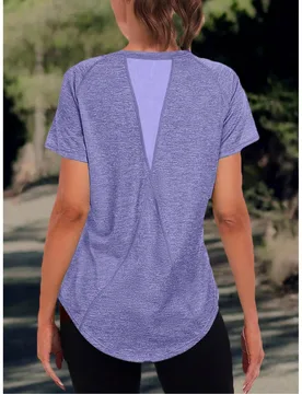 Camiseta de mujer de unicolor - Cuello redondo, ligera, de manga corta, mezcla de poliéster elástico, adecuada para primavera y verano, estilo bási - Shein - FashionsVida