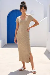 V-Neck Knit Midi Dress - Stone - Size: 12