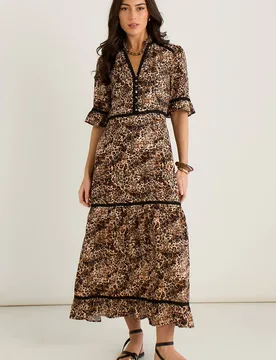 Women's Brown Animal Print Lace Trim Tiered Midi Dress Size: 16 - Brown - Size: 16 - Gini London - FashionsVida