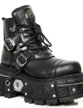 Unisex M-Tank007-S1 Black Leather Gothic Combat Platform Ankle Boots - Size Eu 42 - New Rock - FashionsVida