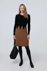 Printed Long Sleeve Jumper Midi Dress - Black - Size: 14