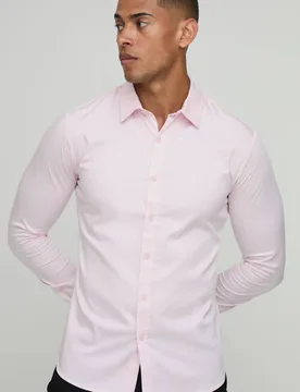 Men's Muscle Fit Long Sleeve Shirt Light Pink Size X-Large Light Pink XL - boohooMAN - FashionsVida