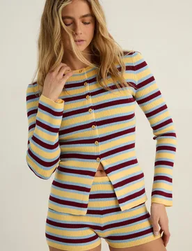 Womens Stripe Knitted Button Up Top - Yellow Viscose - Size Medium - Nastygal - FashionsVida