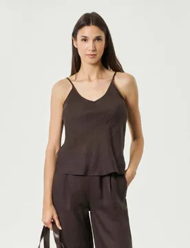 Top marrone in lino con spalline regolabili e scollo a V - Lino Lino - FashionsVida