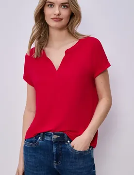 T-Shirt mit Split Neck und Elastiksaum female Rot