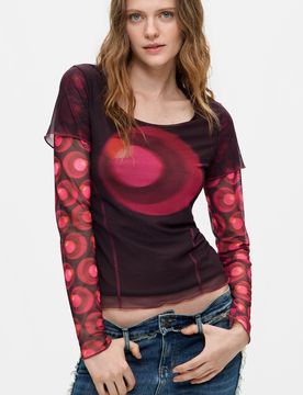 T-shirt imprimé à manches longues, , Polyester, Rouge, XS
