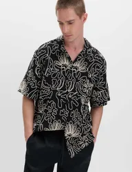 Cotton Blend Embroidered Short Sleeve Shirt Black Mix male