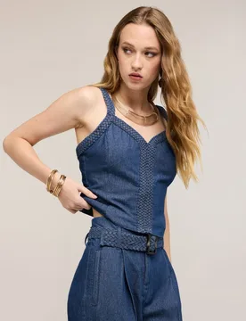 Top de mujer de denim con tirantes entrelazados cierre trasero con cremallera ajuste regular - Motivi - FashionsVida