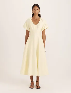 Linen Rich Scoop Neck Midi Waisted Dress Yellow female - Saba - FashionsVida