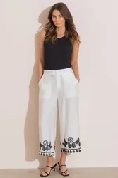 Embroidered Wide Leg Cropped Trousers - White - Size: 18