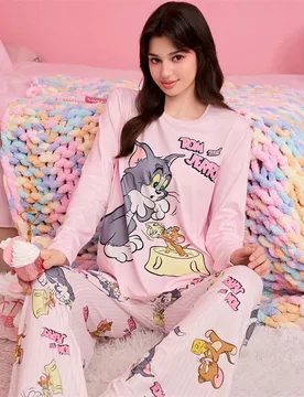 Conjunto de pijama suave y cómodo de manga larga y pantalón con estampado rosa y blanco para mujer - Shein - FashionsVida
