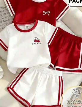 Pcs/Set Conjunto de Top y Shorts con Estampado de Cereza & Lazo, Estilo de Verano Cómodo y Lindo Blanco Rojo Casual para Uso Diario Conjunto de Moda - Shein - FashionsVida