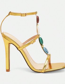 Sandalias de tacón alto doradas para mujer, zapatos elegantes y de moda para fiestas/eventos con tiras de cuentas, puntera afilada y tacones delgados