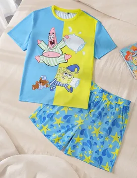 Conjunto de pijama de camiseta de manga corta de cuello redondo y pantalones cortos con patrón de dibujos animados de color contrastante, cómodo par - Shein - FashionsVida