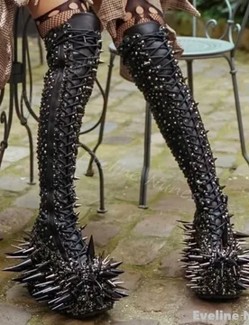 Rivet Spikes Knee High Boots Women Platform Chunky Heel Cross Tied Bling Crystal Punk Boots 2025 New Street Style Novelty Boots - Aliexpress - FashionsVida