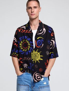 Chemise imprimée tribale, , Coton, Bleu, S