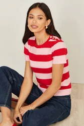 Women's Red & Pink Block Stripe Knitted Top With Button Details Size: Small - Multicolor - Size: S