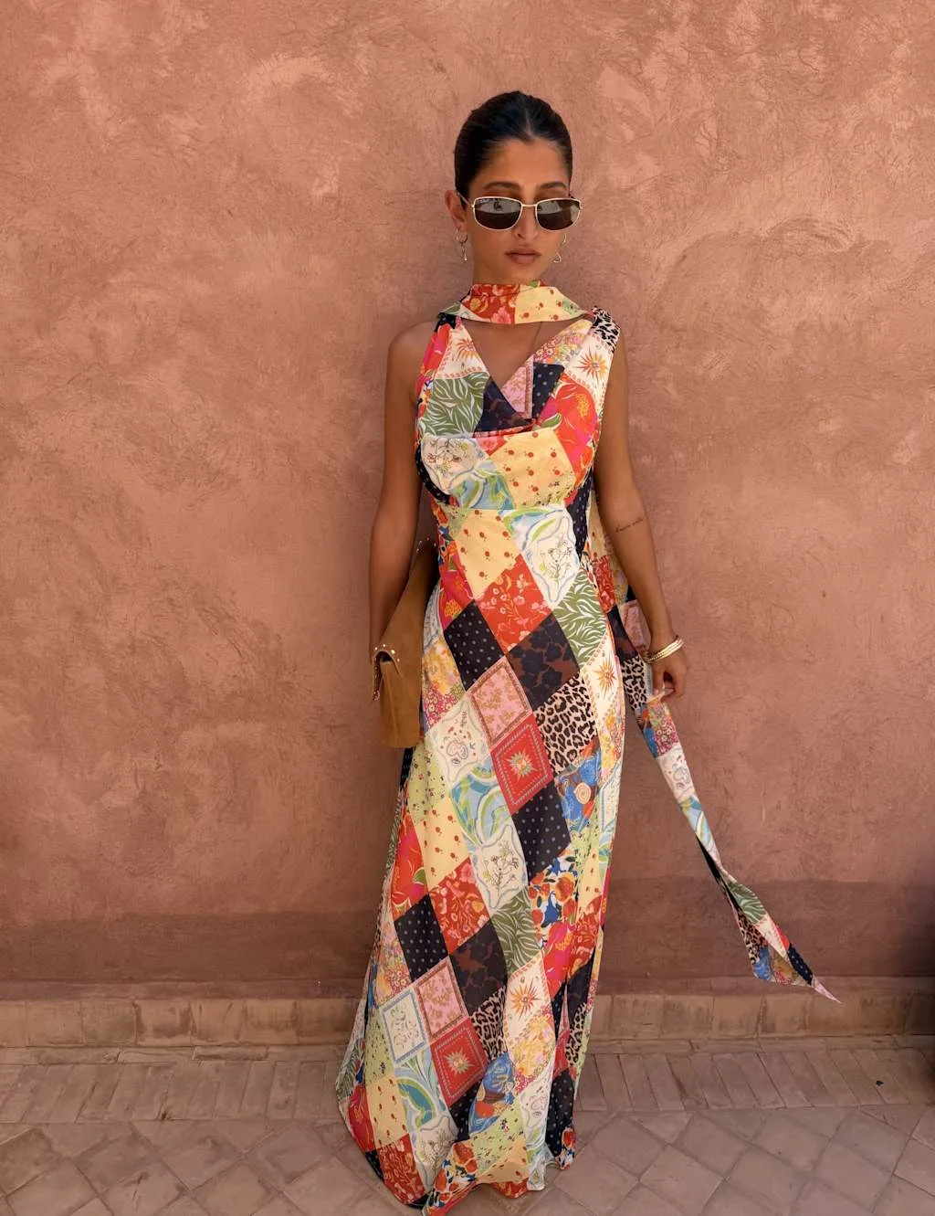 Printed Cowl Neck Maxi Fitted Dress Cream Mix female - Never Fully Dressed - FashionsVida
