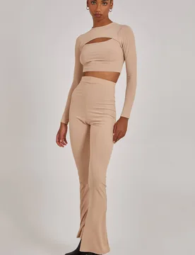 Women's Ribbed Long Sleeve Letterbox Top in Stone Size: 8 - Stone - Size: 8 - Pink Vanilla - FashionsVida