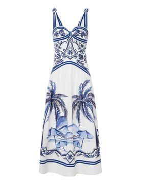 Abito Lungo In Lino Con Stampa Tropicale