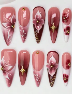 Set de 10 uñas postizas con forma de almendra, estilo Y2K "baddie", de color nude y rojo con puntas francesas, grabadas, impresas y con diseño con t - Shein - FashionsVida