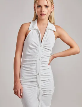 Women's Halterneck Collar Neck Rib Mini Dress in Ivory Size: 8 - Ivory - Size: 8 - Pink Vanilla - FashionsVida