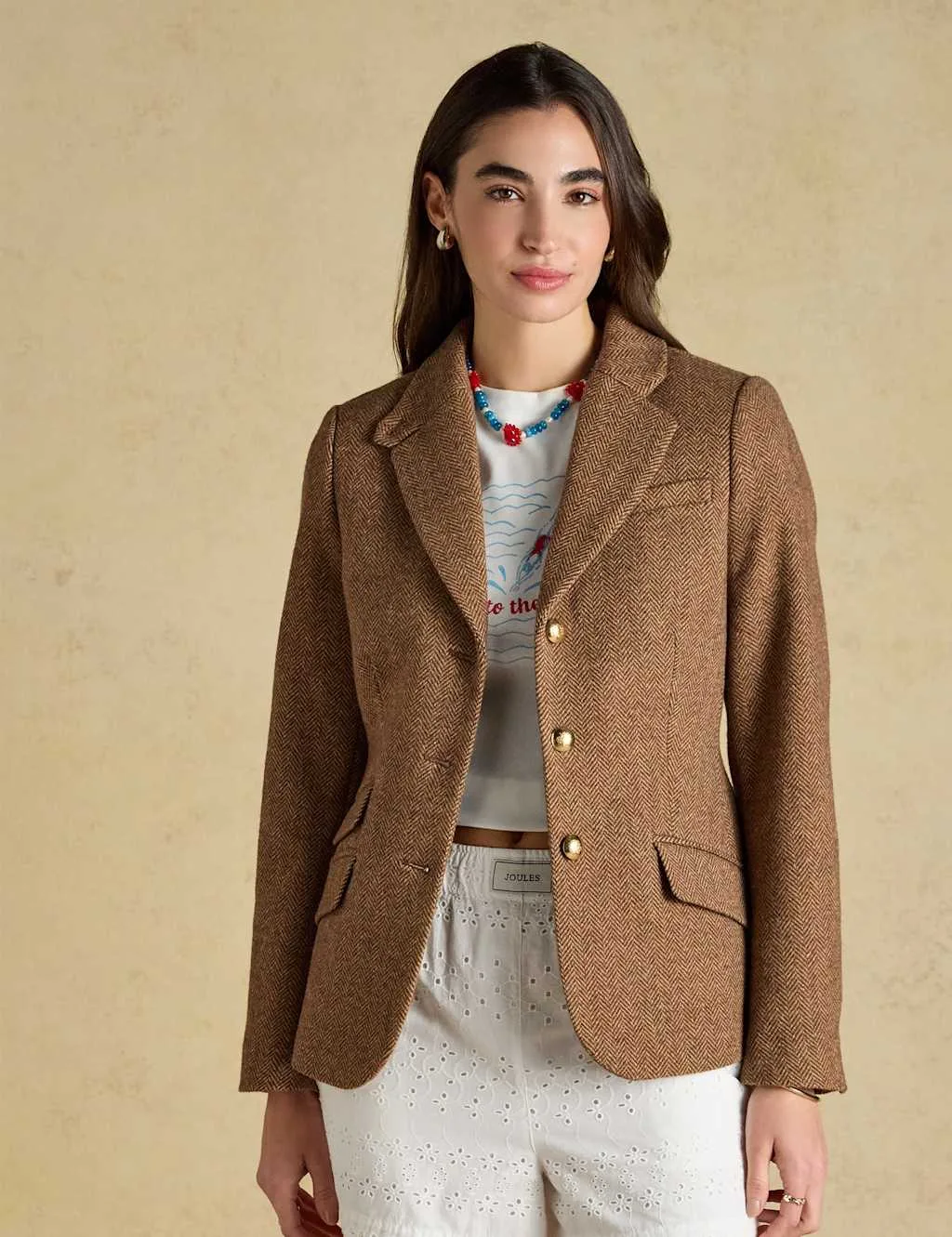 Wool Blend Tweed Herringbone Blazer Brown Mix female - Joules - FashionsVida