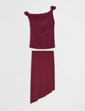 Completo in viscosa: top drappeggiato e gonna midi asimmetrica - carminio