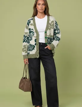 Wool Blend Floral Cardigan Sweater - Green - Size: M - Urban Bliss - FashionsVida