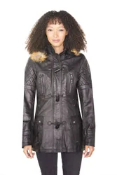 Women's Quilted Leather Parka Jacket-Brussels in Black Size: 18 - Black - Size: 18
