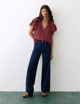 Jeans wide leg de mujer con botón joya - Tintoretto - FashionsVida