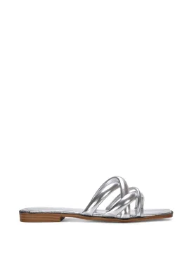 Women's 'Fiona' Strappy Flat Sandal Sliders With Square Toe in Metallic Silver Size: 3 - Metallic Silver - Size: 3 - XY London - FashionsVida