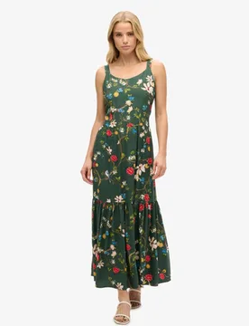 Superdry Damen Gestuftes Maxikleid aus Webstoff Grün - Größe: 38 - 109.99 - FashionsVida