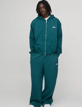 Mens Oversized Boxy Man Sport Hooded Zip Through Wide Leg Tracksuit - Teal Cotton - Size Small - boohooMAN - FashionsVida