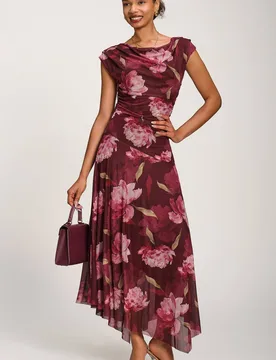 Women's Asymmetrical Draped Mesh Maxi Dress in Burgundy Size: 8 - Burgundy - Size: 8 - Jolie Moi - FashionsVida