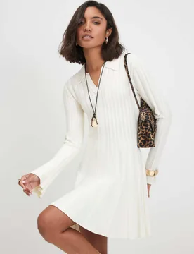 Ribbed Collared V-Neck Mini Jumper Dress Cream female - River Island - FashionsVida